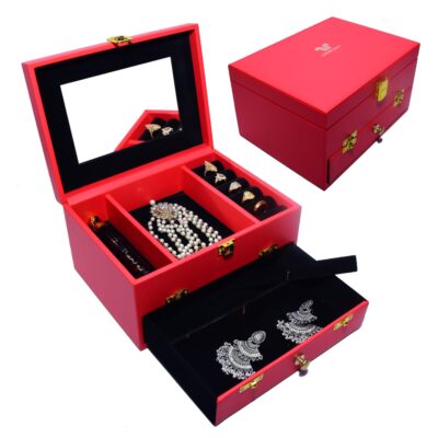 Two in One Red Organiser Box Jewellery & Makeup with Mirror, Drawer PU Leather /2-Layer Cosmetic Storage Gifts for Women Earrings Ring Jewelry Organizer Girls Necklace Bracelet Cute Travel Set